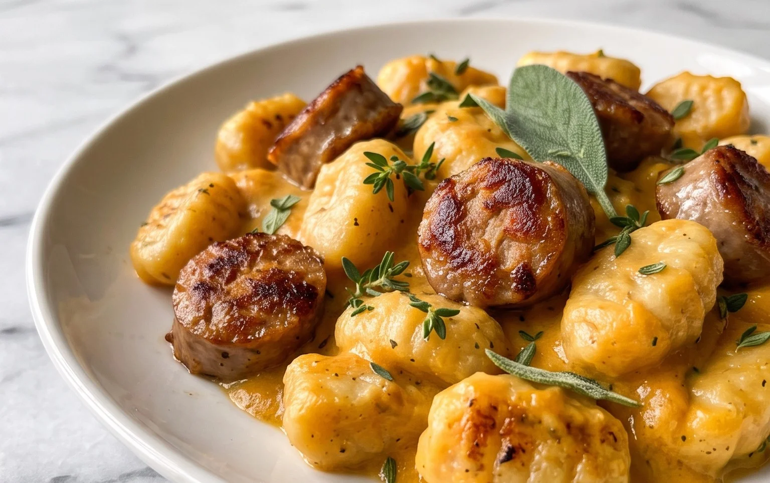 Gnocchis courge butternut crémeux, saucisse, thym et sauge